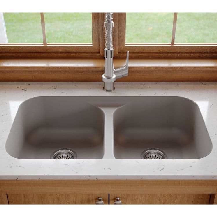 32" Seamless Undermount Double Equal Bowl Quartz Kitchen Sink in Grey