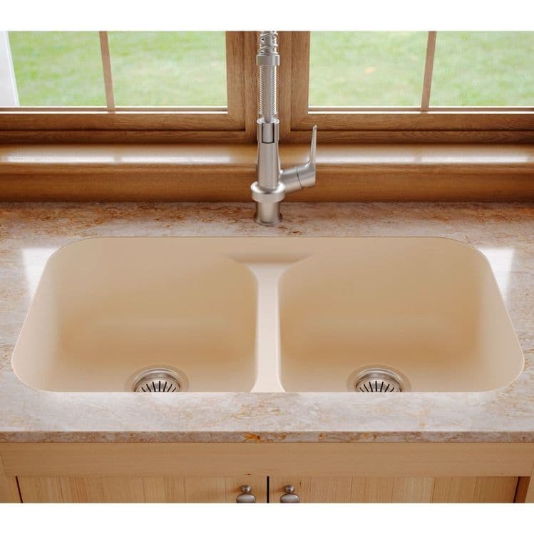 32" Seamless Undermount Double Equal Bowl Quartz Kitchen Sink in Bisque