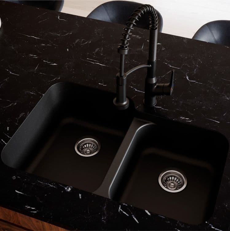 32" Seamless Undermount Large/Small Bowl Quartz Kitchen Sink in Black