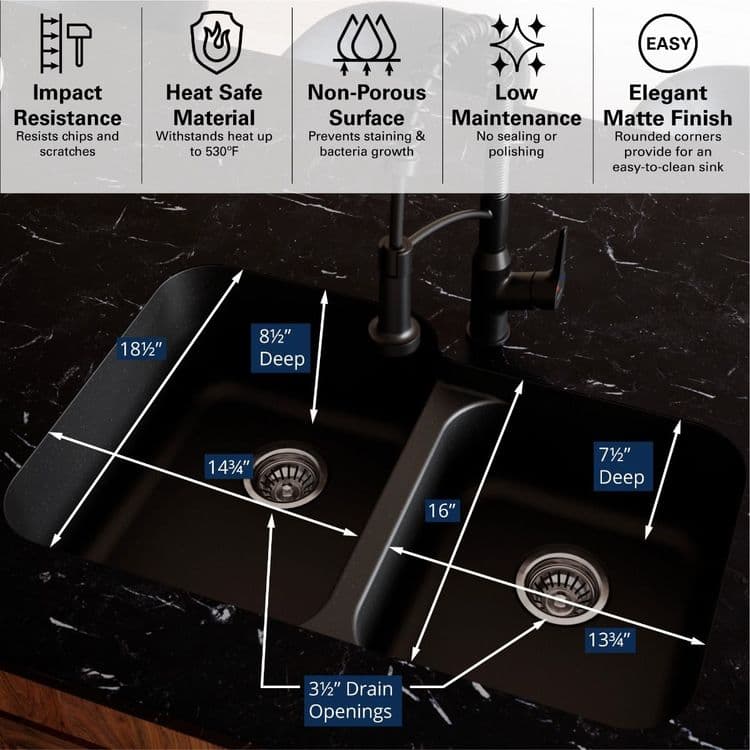 32" Seamless Undermount Large/Small Bowl Quartz Kitchen Sink in Black