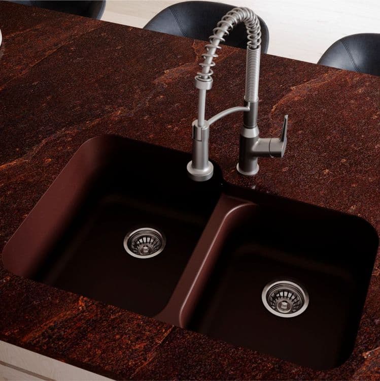 32" Seamless Undermount Large/Small Bowl Quartz Kitchen Sink in Brown