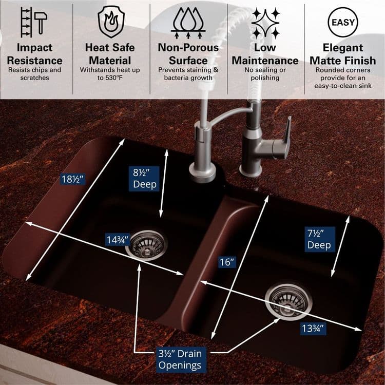 32" Seamless Undermount Large/Small Bowl Quartz Kitchen Sink in Brown