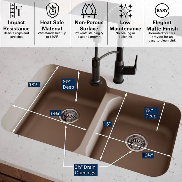32" Seamless Undermount Large/Small Bowl Quartz Kitchen Sink in Concrete