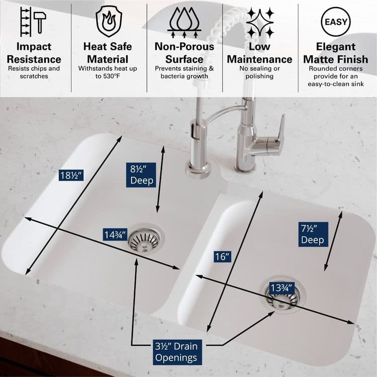 32" Seamless Undermount Large/Small Bowl Quartz Kitchen Sink in White