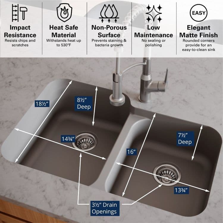32" Seamless Undermount Large/Small Bowl Quartz Kitchen Sink in Grey
