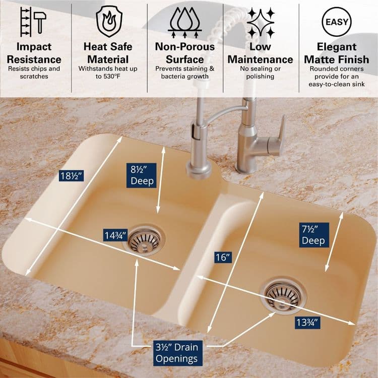 32" Seamless Undermount Large/Small Bowl Quartz Kitchen Sink in Bisque