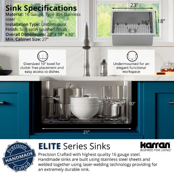 23" Undermount Single Bowl Stainless Steel Kitchen Sink Kit