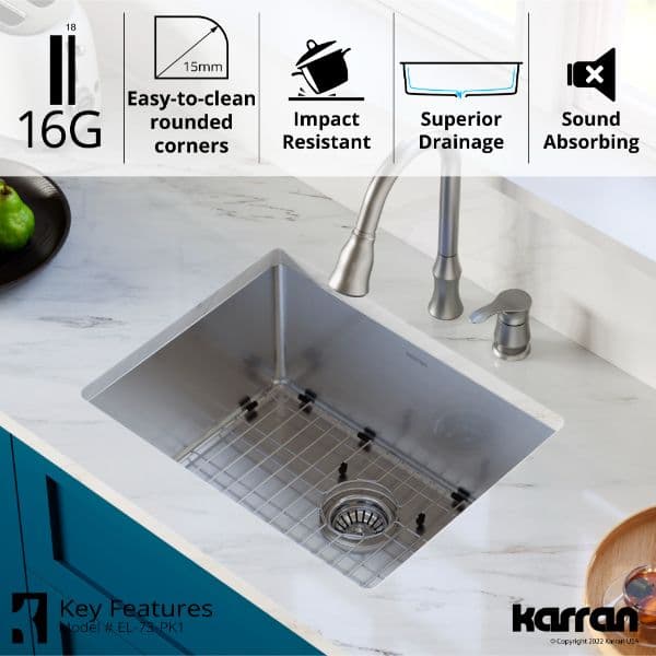 23" Undermount Single Bowl Stainless Steel Kitchen Sink Kit