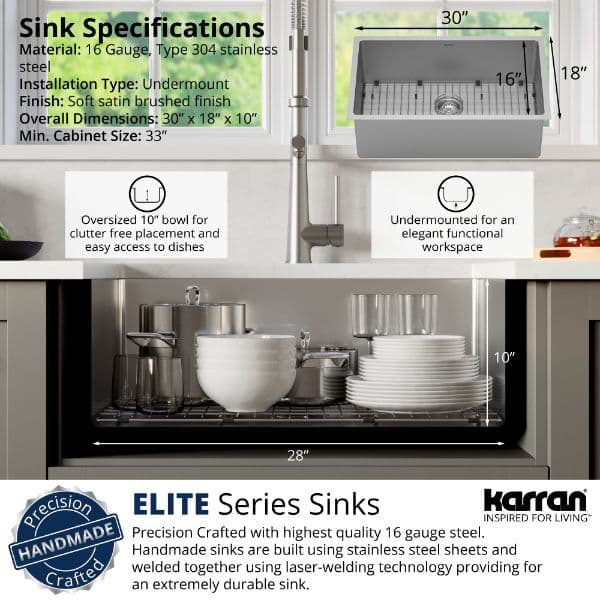 30" Undermount Large Single Bowl Stainless Steel Kitchen Sink Kit